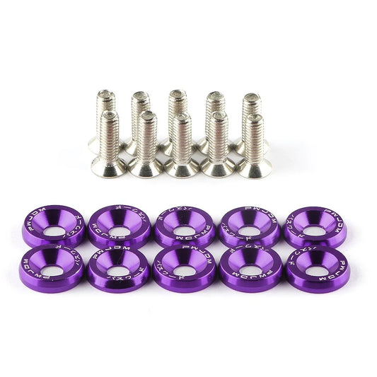 Set of purple washers and silver screws on a white background