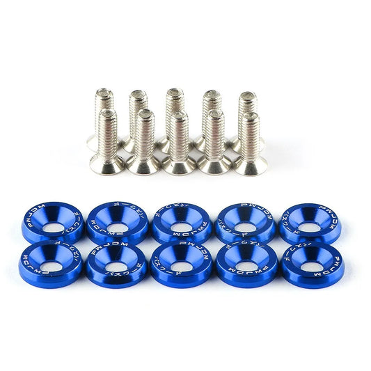 Set of metal screws with blue washers on a white background