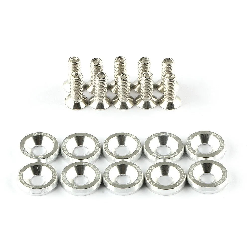 Set of metal screws with washers on a white background