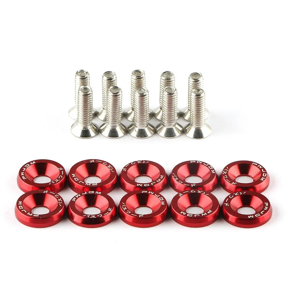 Set of red metal washers and silver screws on a white background