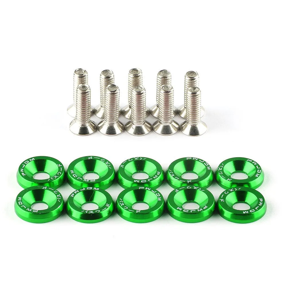 Green washers and silver screws on a white background