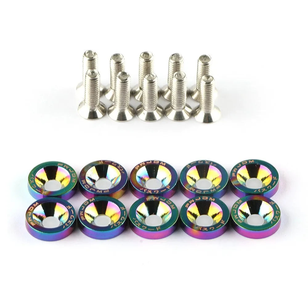 Set of colorful wheel bearings and silver screws on a white background