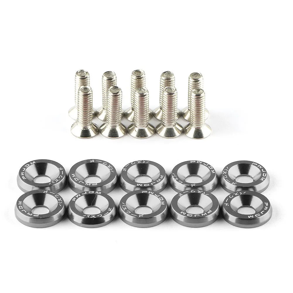 Set of metal screws and washers on a white background