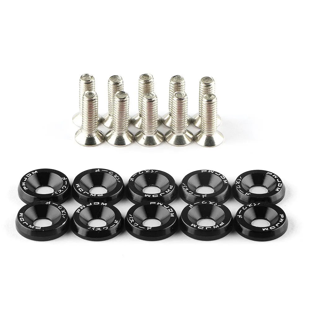 Set of black washers and silver screws on a white background