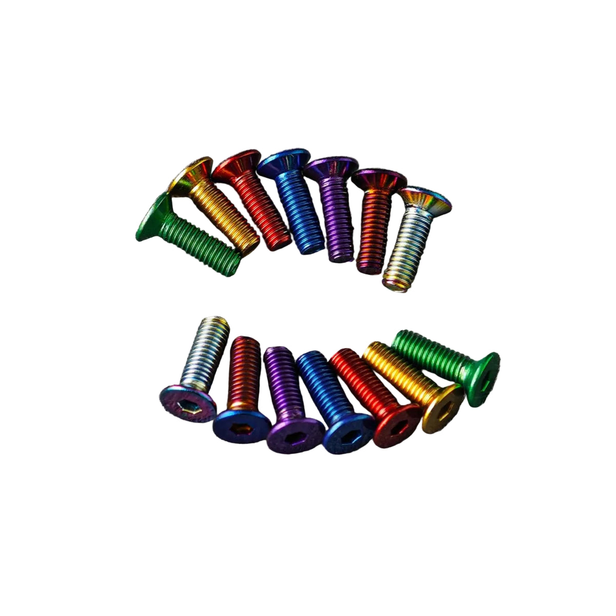 Two sets of rainbow-colored metal screws arranged on a white background