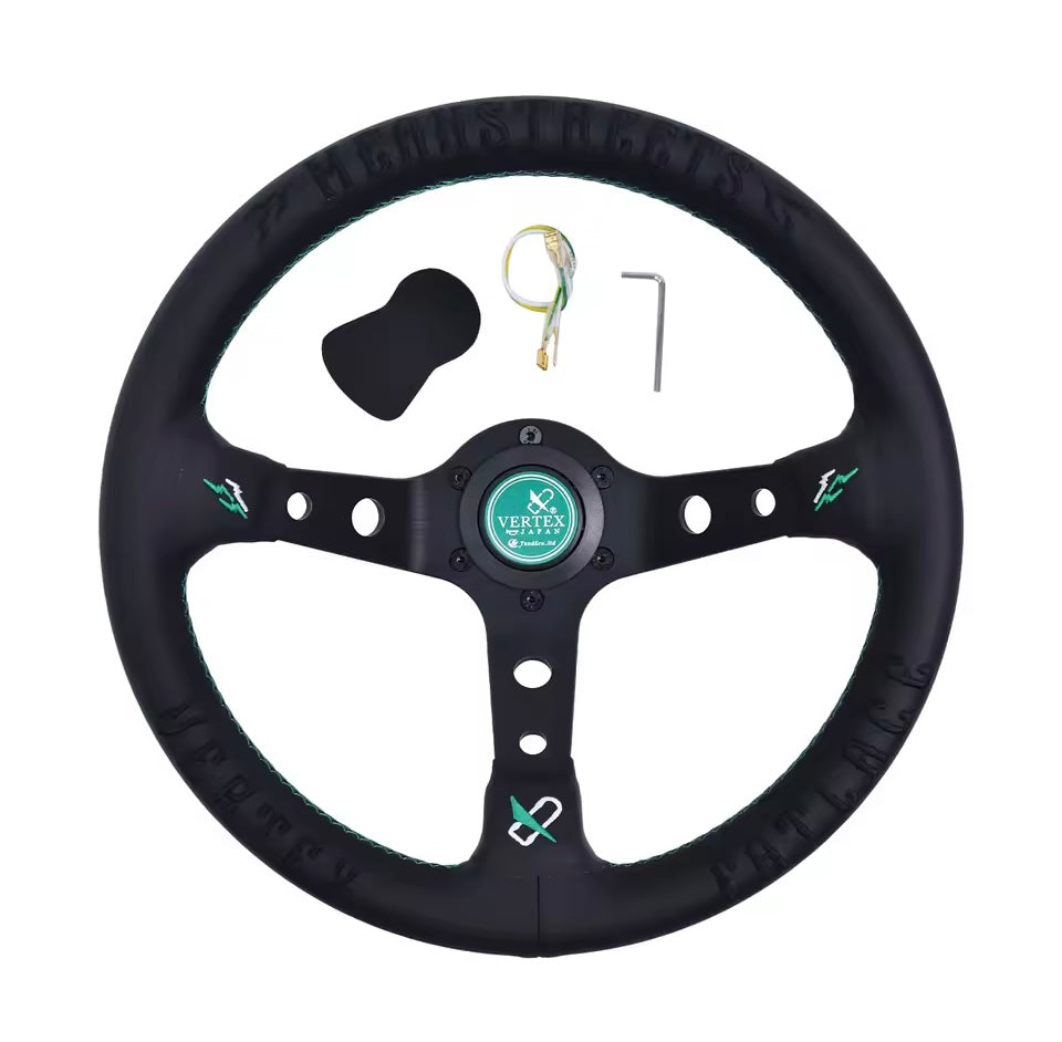 Vertex Embroidered Sports Steering Wheel With 6 Hole Green Horn Button
