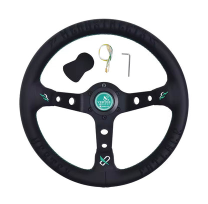 Vertex Embroidered Sports Steering Wheel With 6 Hole Green Horn Button