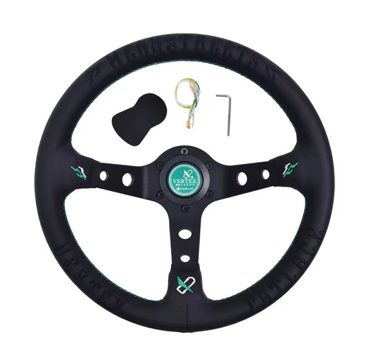 Vertex Embroidered Sports Steering Wheel With 6 Hole Green Horn Button