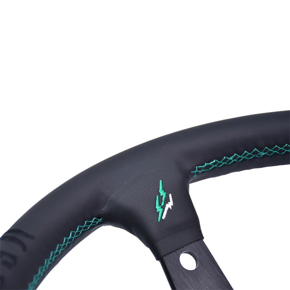 Vertex Embroidered Sports Steering Wheel With 6 Hole Green Horn Button Stitching