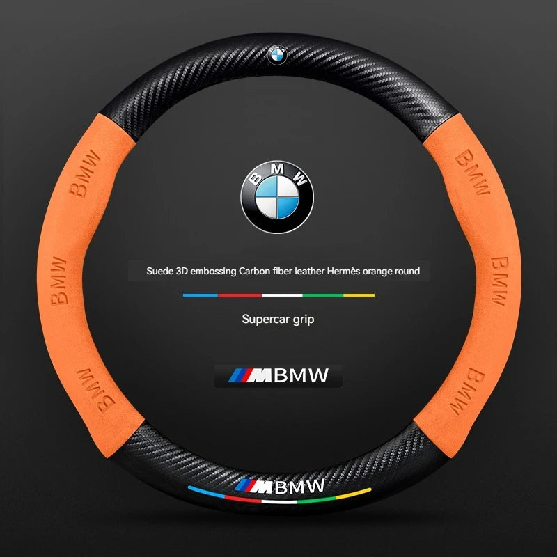 BMW Carbon Fibre Leather Steering Wheel Cover - front view