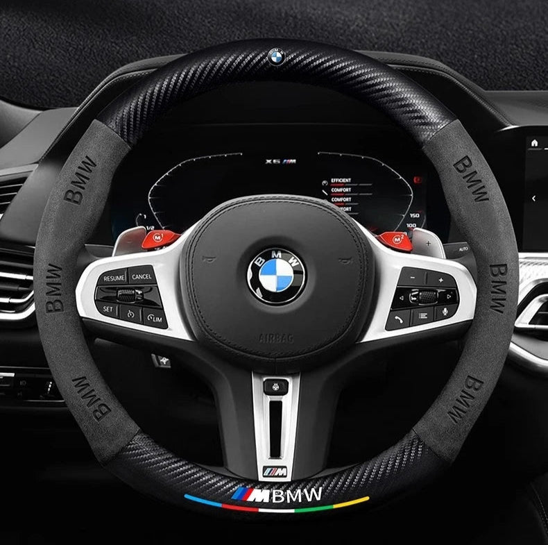 BMW Carbon Fibre Leather Steering Wheel Cover - installed on vehicle