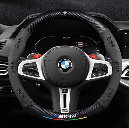 BMW Carbon Fibre Leather Steering Wheel Cover - installed on vehicle
