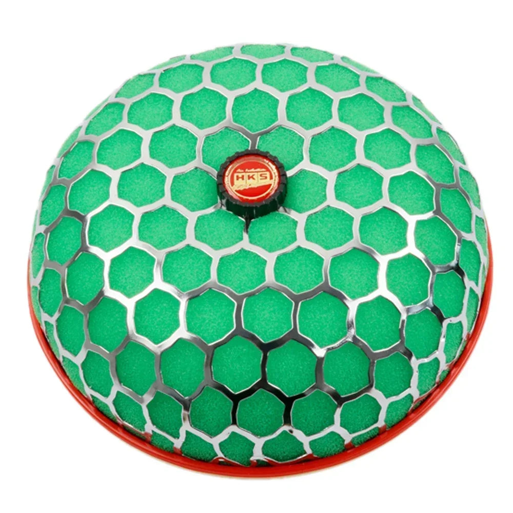 Green honeycomb-patterned object with a red border and HKS logo on a white background