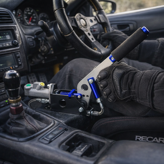Person holding a car brake lever inside a vehicle with 'Recaro' seats.