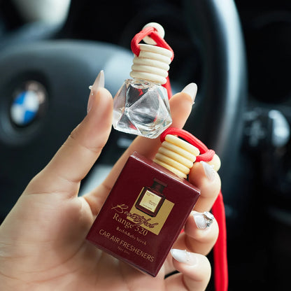 Hand holding a car air freshener with a BMW interior in the background