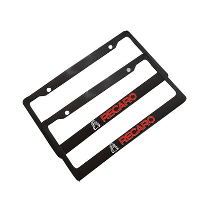 Two black licence plate frames with red 'RECARO' logos and a small white graphic.