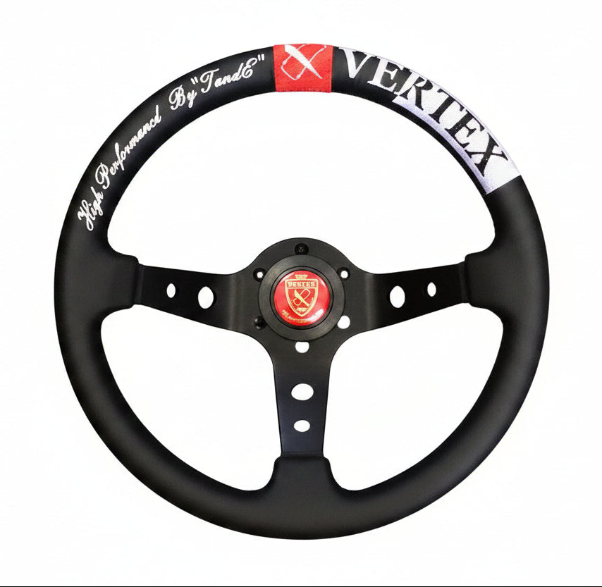 Steering wheel with 'Vertex' branding on a white background