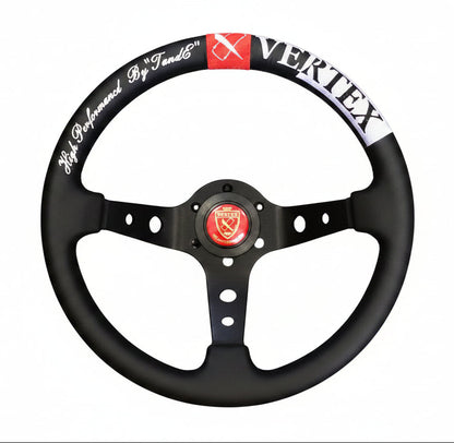 Steering wheel with 'Vertex' branding on a white background