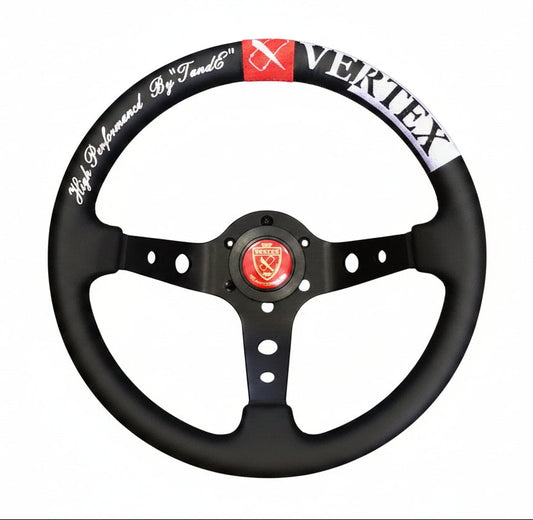 Steering wheel with 'Vertex' branding on a white background
