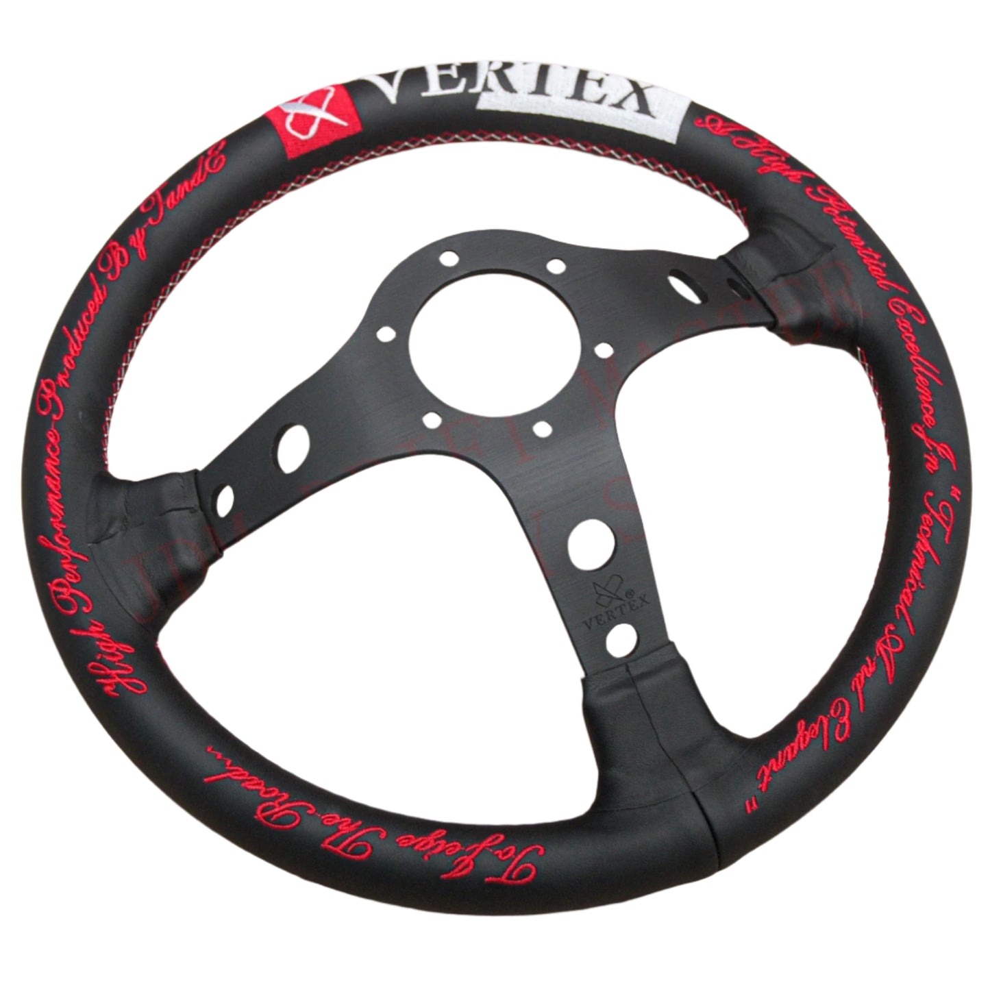 Back of a black Vertex steering wheel with red embroidered text