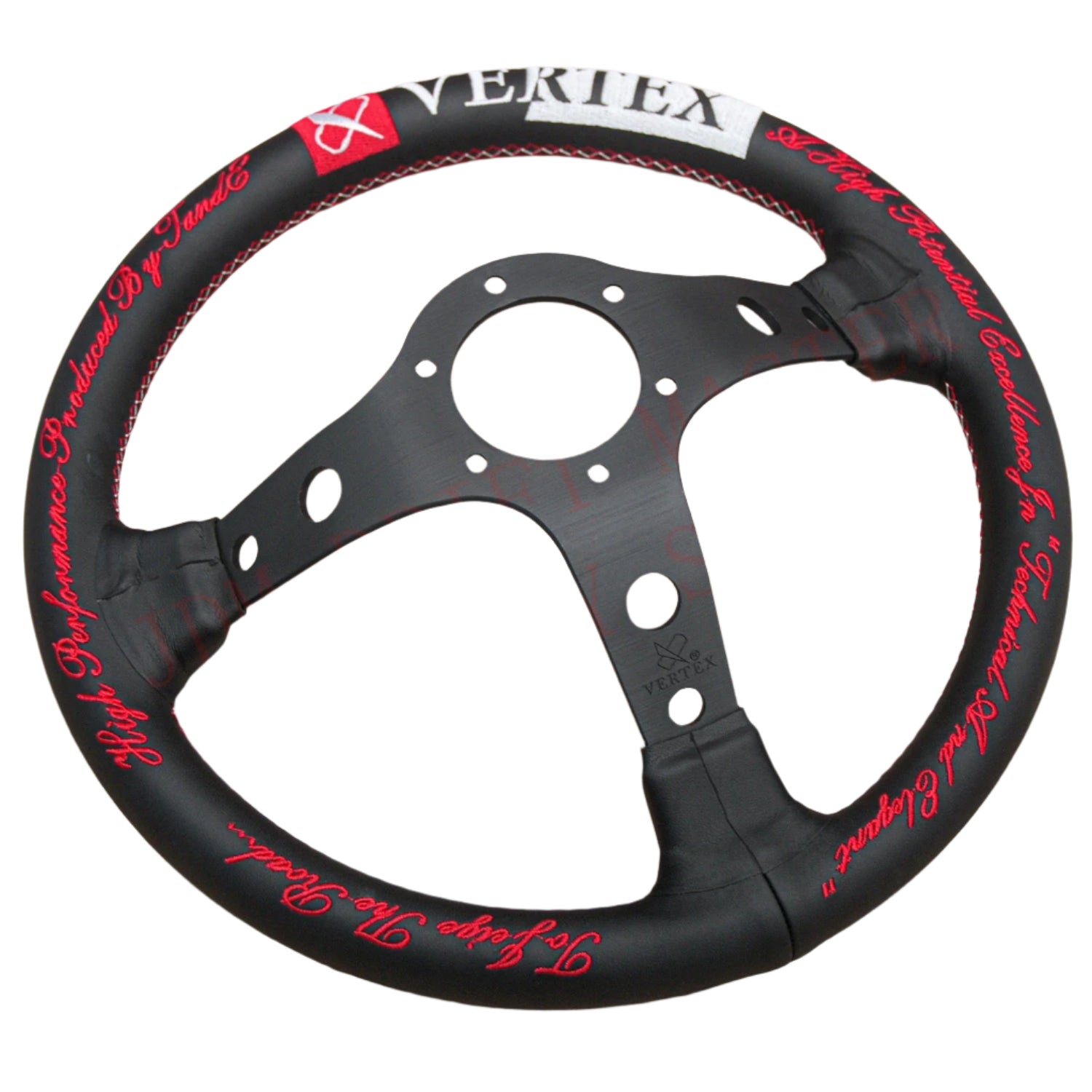 Back of a black Vertex steering wheel with red embroidered text