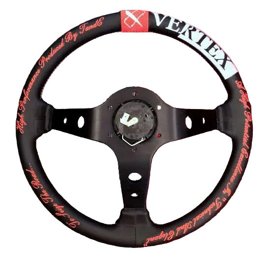 Steering wheel with red and black design on a white background