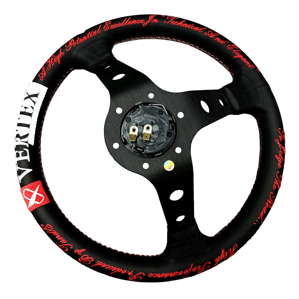 Black steering wheel with red and white text on a white background